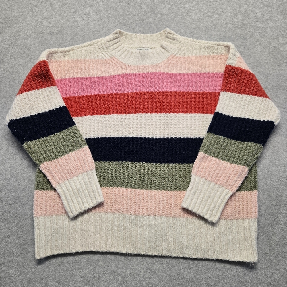 American Eagle Sweater Womens S White Colorblock Striped Chunky Knit Oversized